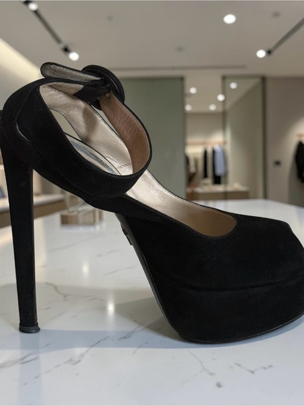 Prada Black Suede Peep Toe Platform Ankle Strap Heels Pumps 36 (EU) 6 US) Italy